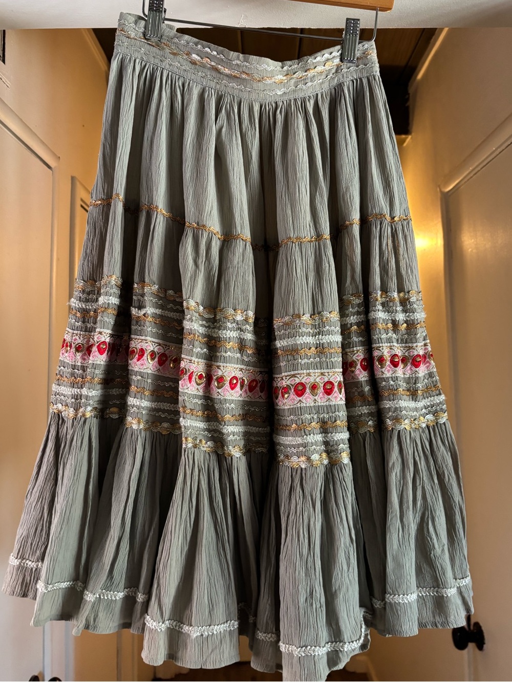 Vintage Sage Green Tiered Maxi Skirt with Gold and Pink Embroidery - Vintage